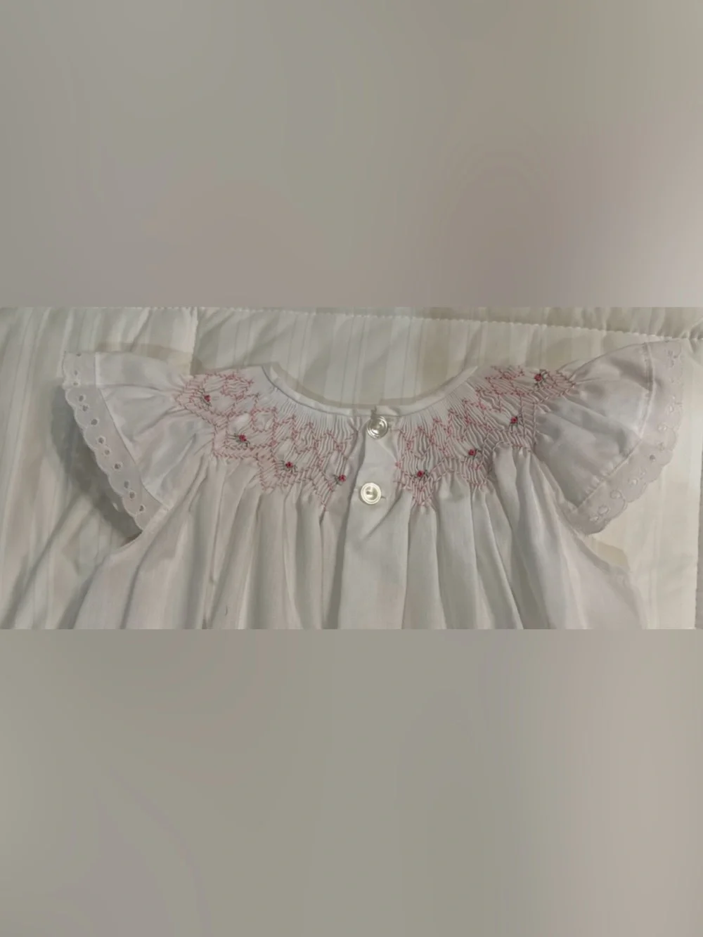 Vintage Handmade Baby Girls White Pink Smocked Embroidered Lace Flutter Dress